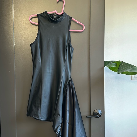 Vegan Leather & Satin Wrap Bodycon Dress - Black - Picture 2 of 12